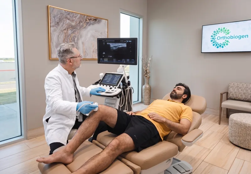 Diagnostic ultrasound exam of a knee during an in-office Orthobiogen evaluation