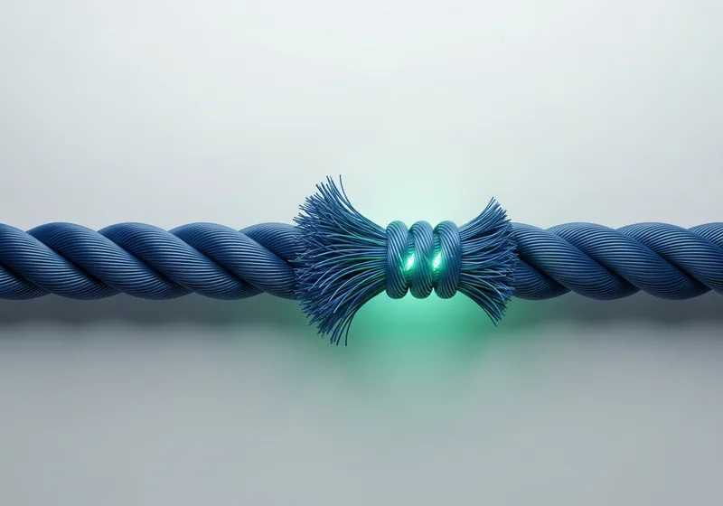 Conceptual illustration of a fiber rope being rebuilt, likening healing of a knee tendon