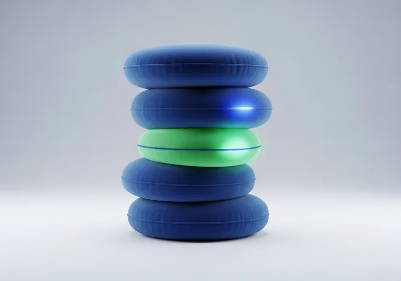 Illustration of disc-shaped cushions stacked like a spine, with one healthy disc highlighted