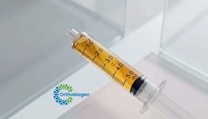 A syringe of purified platelet-rich plasma (PRP) prepared in the Orthobiogen lab