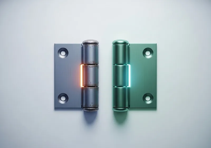Illustration of a worn versus smooth hinge, likening facet-joint arthritis to a stiff hinge
